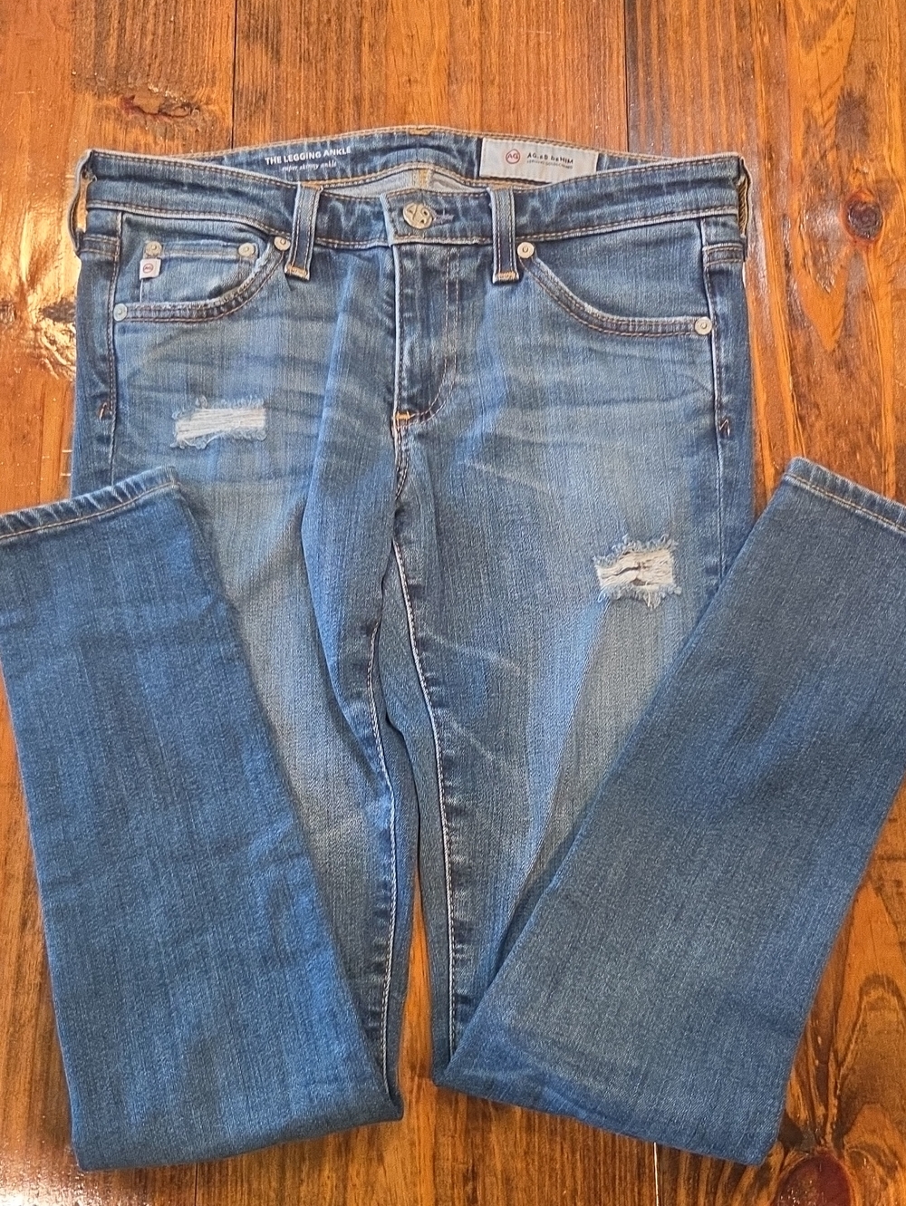 AG Distressed Mid-Blue Skinny Jeans